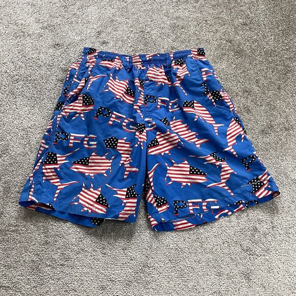 Columbia PFG Omni Shade Swim Shorts Trunks Mens Medium Blue Zip Pockets Nylon